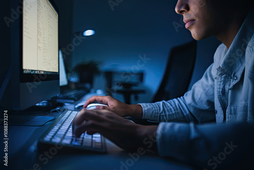 A worker typing late into the night, with only their computer screen providing light photo