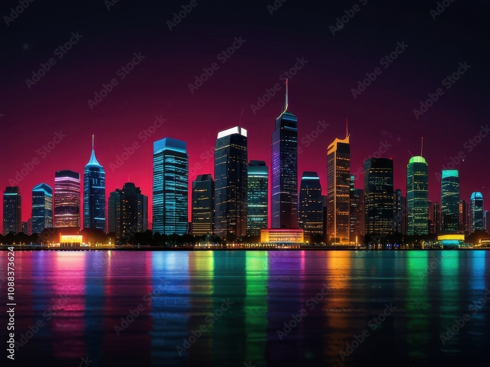 Fototapeta premium Urban Night Cityscape with Vibrant Neon Lights for AMOLED Wallpaper
