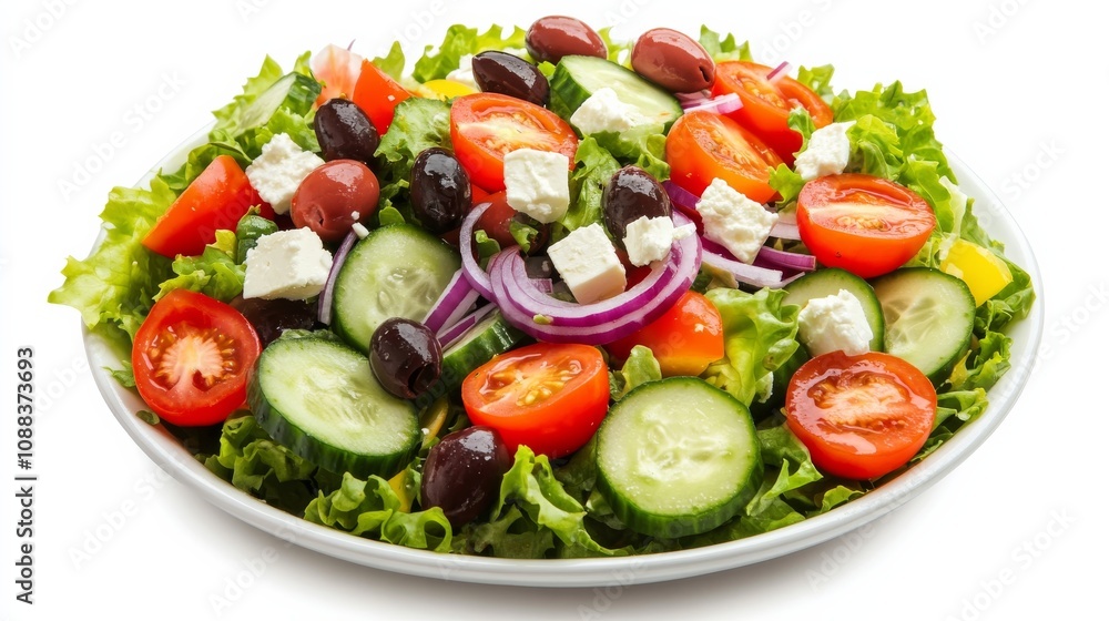 A colorful Greek salad with chopped lettuce, cherry tomatoes, cucumber slices A colorful Greek salad with chopped lettuce, cherry tomatoes, cucumber slices