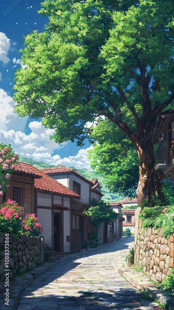 A serene street scene with lush greenery and quaint houses in a tranquil setting.