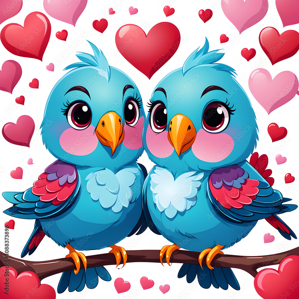 Fototapeta premium two birds on a branch with hearts background