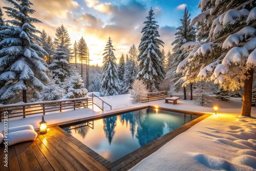 Serene Winter Swimming Pool in Snowy Landscape with Wooden Deck and Sunlight for Relaxation and Tranquility
