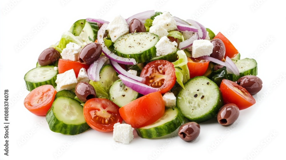 A colorful Greek salad with diced cucumbers, cherry tomatoes, red onions A colorful Greek salad with diced cucumbers, cherry tomatoes, red onions