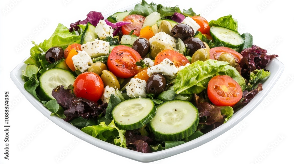 A colorful Greek salad with mixed greens, cherry tomatoes, cucumber slices A colorful Greek salad with mixed greens, cherry tomatoes, cucumber slices