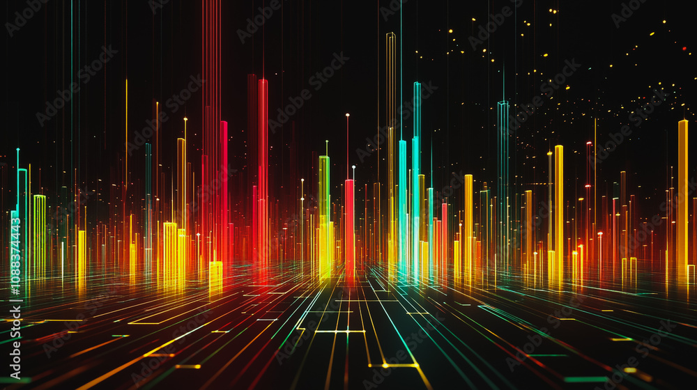 Abstract black background with 3D Colorful charts and graphs with statistics to innovative analyze business potential and forecast future development of companies growth. Abstract black background with 3D Colorful charts and graphs with statistics to innovative analyze business potential and forecast future development of companies growth.