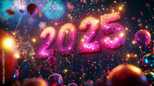 Vibrant 2025 New Year Celebration with Neon Lights and Fireworks