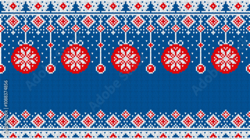 Christmas holiday knit sweater pattern with snowflakes and baubles, vector background. Christmas knitwear pattern or knit sweater ornament with Xmas tree decorations for winter holiday background