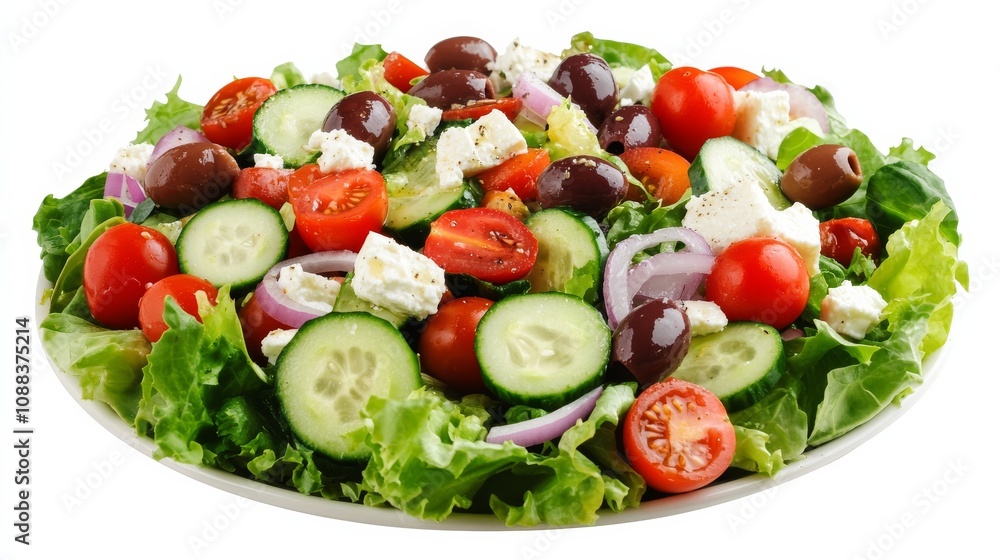 A colorful Mediterranean salad with chopped romaine lettuce, cherry tomatoes, cucumber slices