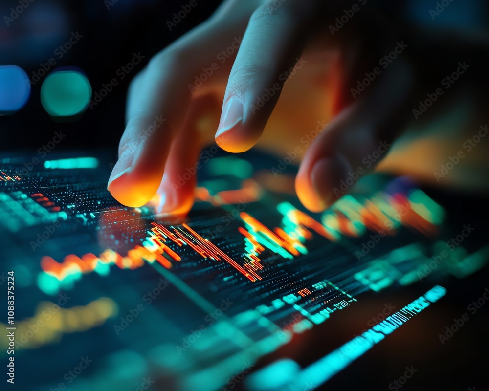 Closeup of a hand highlighting glowing forex data, softfocus office environment, vibrant candlestick charts, financial market trends, futuristic concept, double exposure Closeup of a hand highlighting glowing forex data, softfocus office environment, vibrant candlestick charts, financial market trends, futuristic concept, double exposure