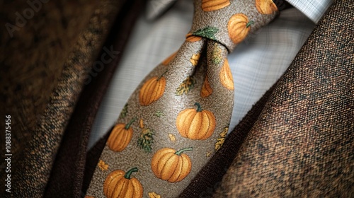 A Pumpkin-Patterned Tie Knotted on a Brown Suit photo