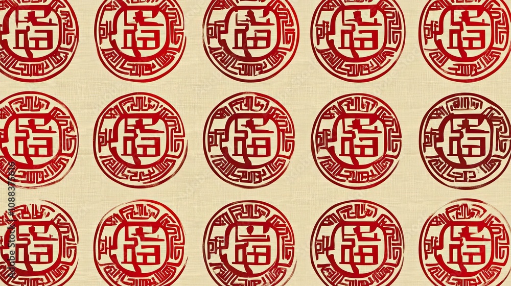 Obraz premium Red Chinese Character Seals Pattern on Beige Background