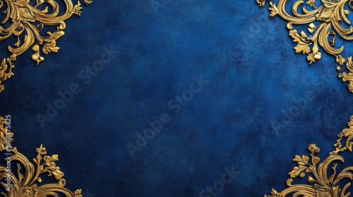 Elegant blue background with ornate gold corners, ideal for invitations or announcements. photo