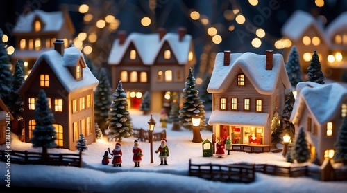 A charming miniature Christmas village setup with festive decorations.