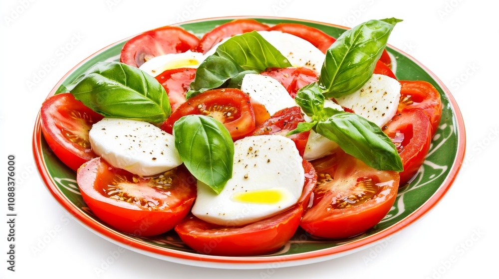 A colorful plate of Caprese salad with ripe tomatoes, fresh mozzarella, basil leaves