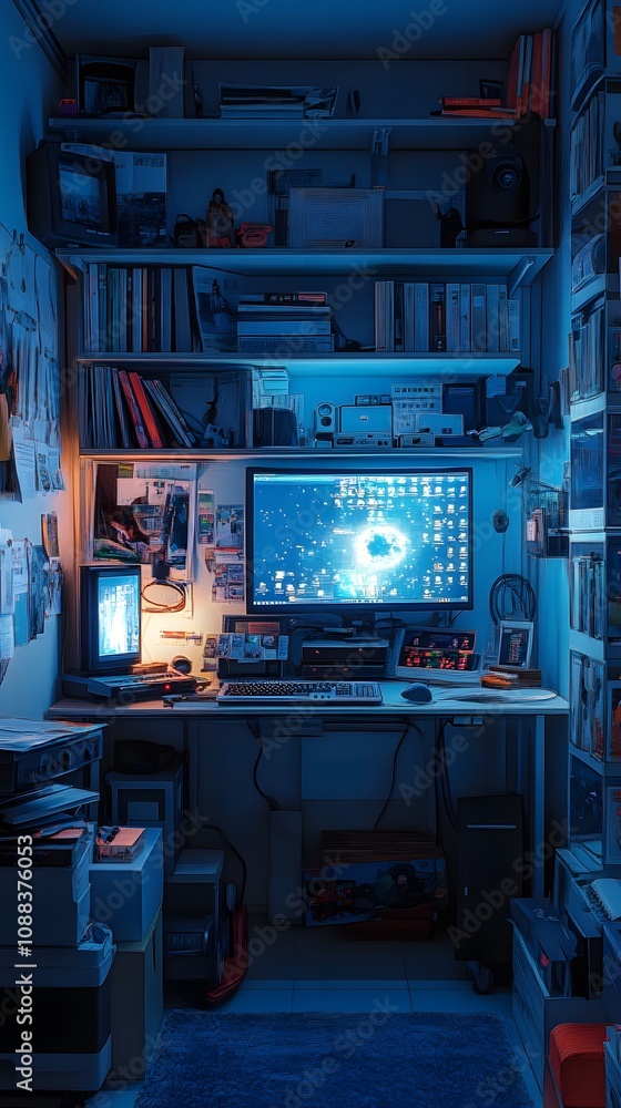 Cozy home office with a blue-lit atmosphere and organized shelves. Cozy home office with a blue-lit atmosphere and organized shelves.