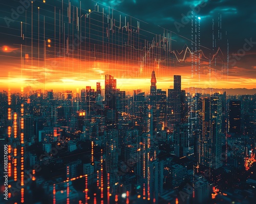 Digital graphs and charts overlaid on a city skyline, illustrating property market growth and real estate trends, businessfocused financial visualization, urban backdrop photo