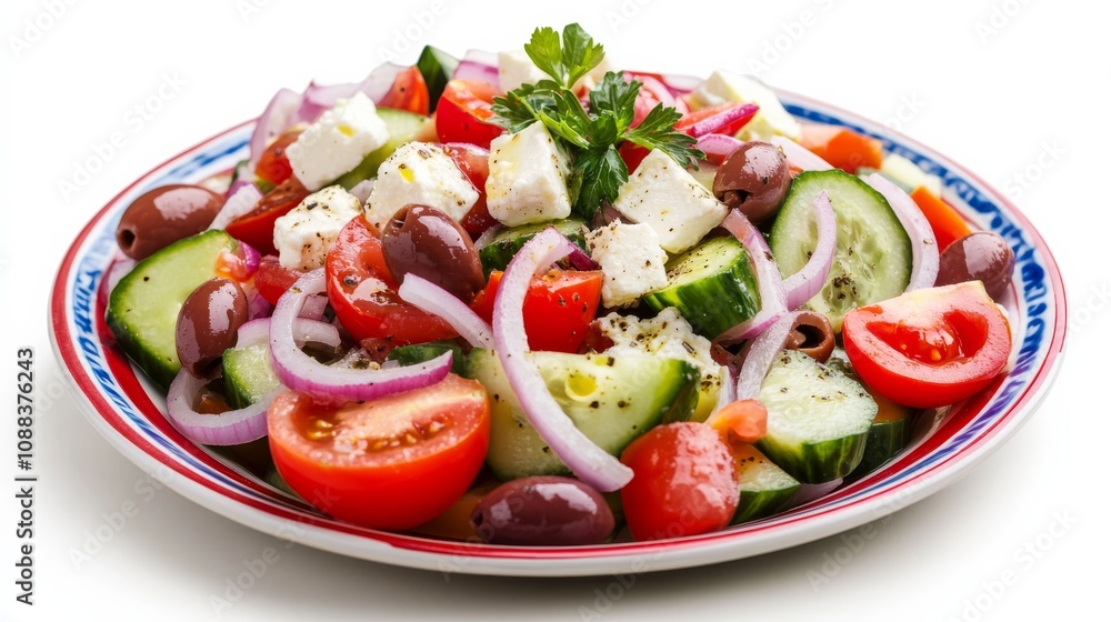 A colorful plate of Greek salad with tomatoes, cucumbers, red onions A colorful plate of Greek salad with tomatoes, cucumbers, red onions