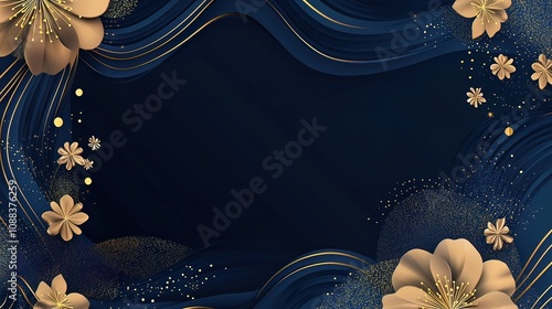 Elegant navy blue and gold floral background with wavy lines and copy space.