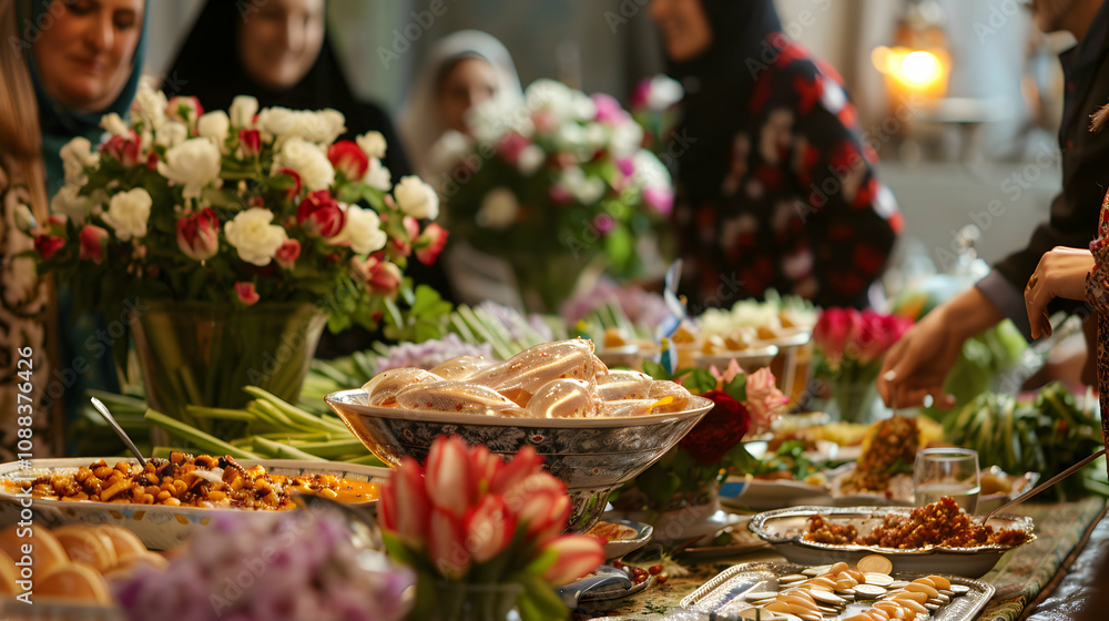 A vibrant table filled with traditional dishes and flowers, celebrating a gathering. A vibrant table filled with traditional dishes and flowers, celebrating a gathering.