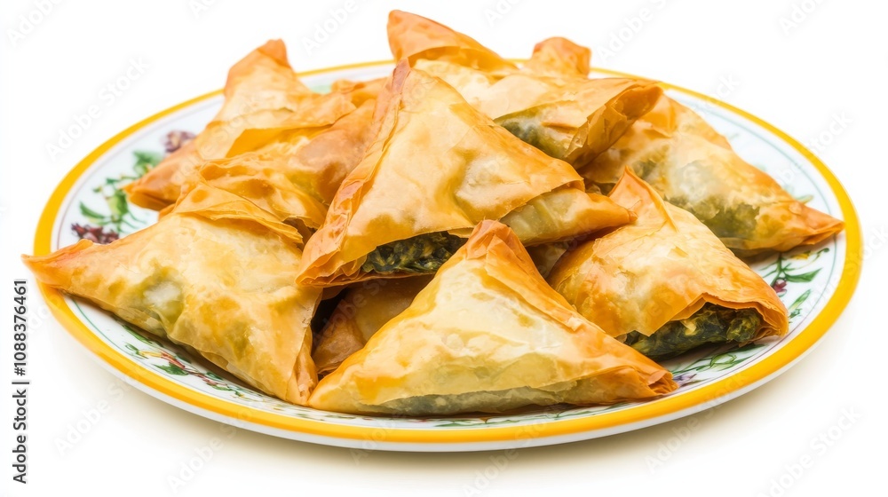 A colorful plate of Greek spanakopita triangles with flaky phyllo pastry and spinach filling, Each bite-sized appetizer bursting with Mediterranean flavors and crispy texture A colorful plate of Greek spanakopita triangles with flaky phyllo pastry and spinach filling, Each bite-sized appetizer bursting with Mediterranean flavors and crispy texture