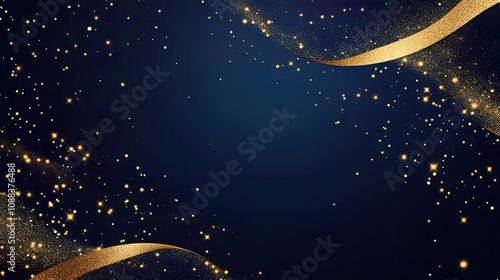 Elegant navy blue background with gold glitter and ribbon swirls.