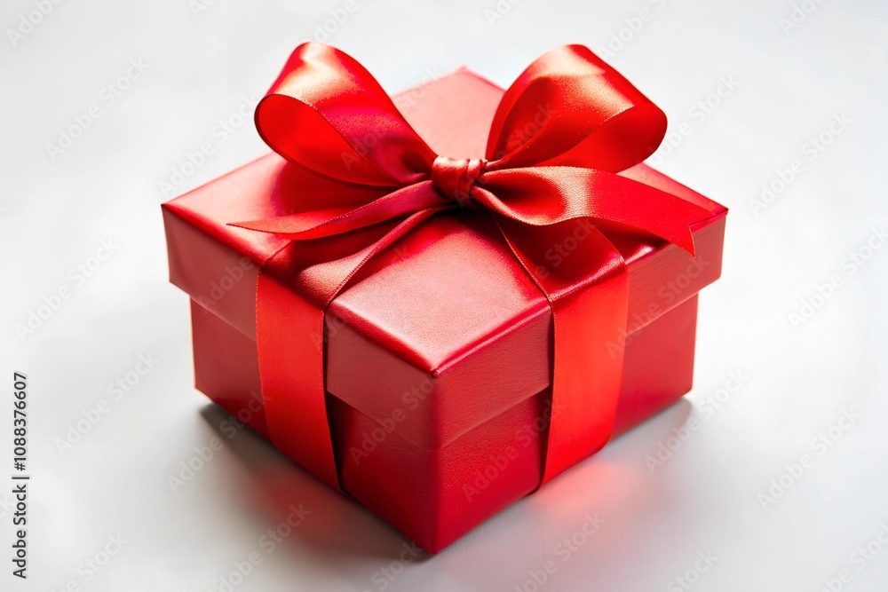 Fototapeta premium A single red gift box with a vibrant red bow tied on top, set against a bright white background, symbolizing celebration and joy