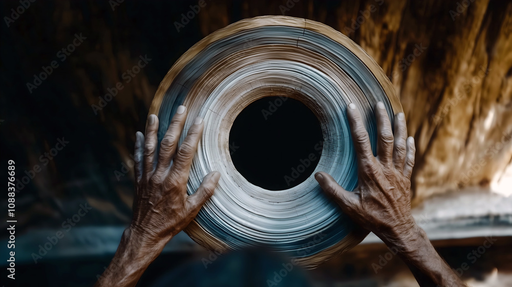 Close up of hands discovering a wheel shape from cross section of tree Close up of hands discovering a wheel shape from cross section of tree
