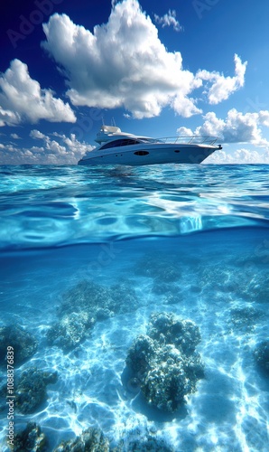 Experience Tranquil Journeys on a Luxury Yacht Amidst Vibrant Coral Reefs and Crystal Clear Ocean Waters Under a Dreamy Sky