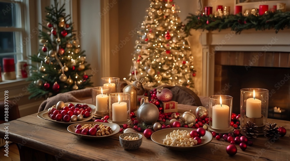 A nostalgic Christmas scene with retro ornaments and a cozy atmosphere. A nostalgic Christmas scene with retro ornaments and a cozy atmosphere.