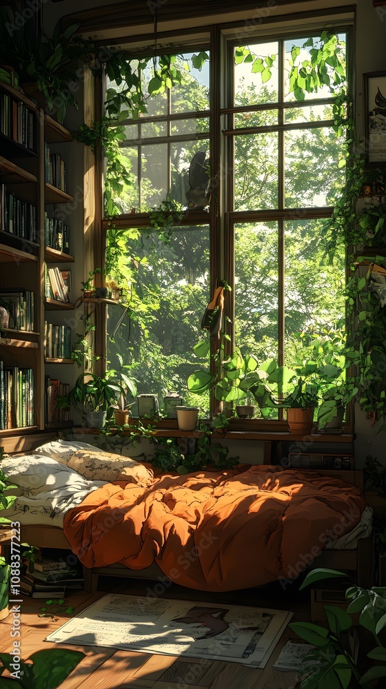 Cozy bedroom with plants, sunlight streaming through the window, and an orange comforter. Cozy bedroom with plants, sunlight streaming through the window, and an orange comforter.