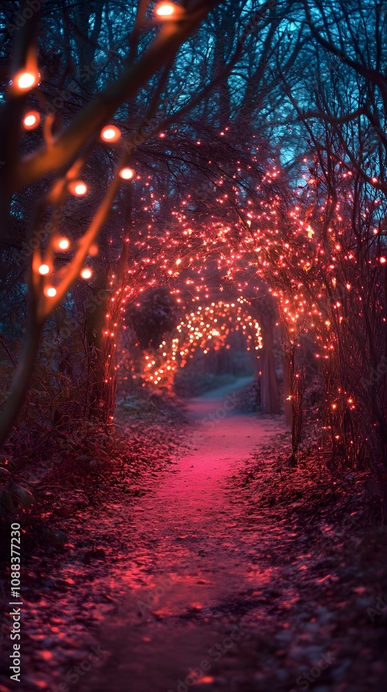 A magical path adorned with glowing red lights through a tranquil forest setting. A magical path adorned with glowing red lights through a tranquil forest setting.