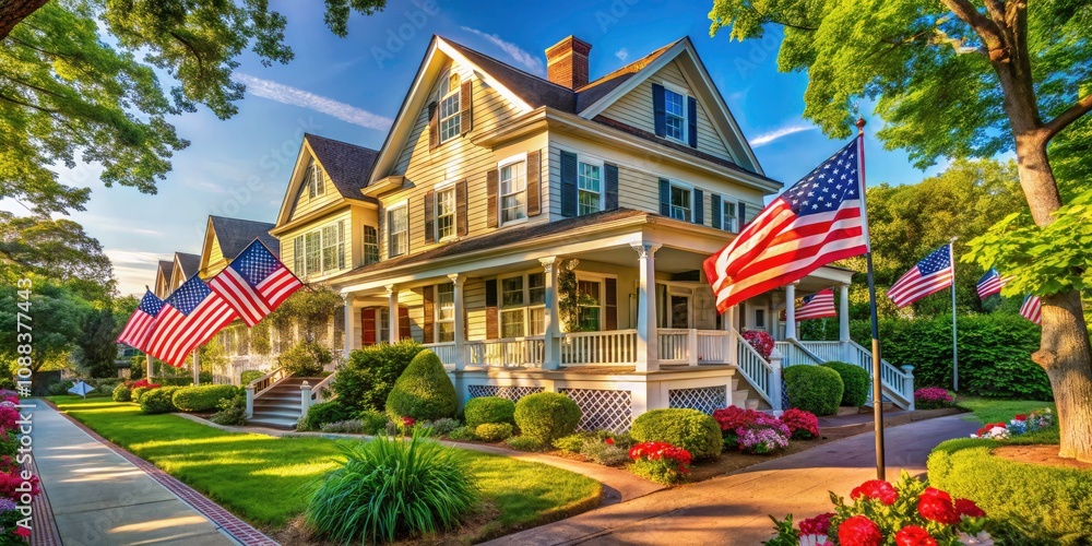 Fototapeta premium Traditional American House with Flags in a Peaceful Community Setting, Emphasizing Patriotism and Togetherness
