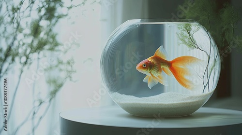 Goldfish Swims In A Round Glass Bowl