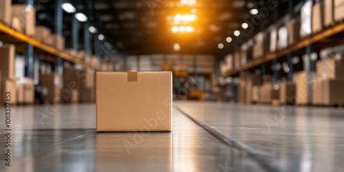 Single Cardboard Box in a Warehouse, Ready for Shipment