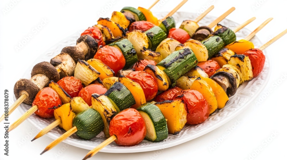 A colorful plate of grilled vegetable skewers with bell peppers, zucchini, cherry tomatoes A colorful plate of grilled vegetable skewers with bell peppers, zucchini, cherry tomatoes