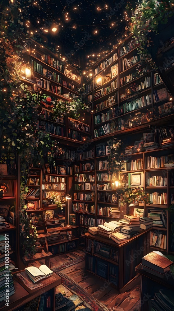 A cozy, enchanted library filled with books and twinkling lights. A cozy, enchanted library filled with books and twinkling lights.