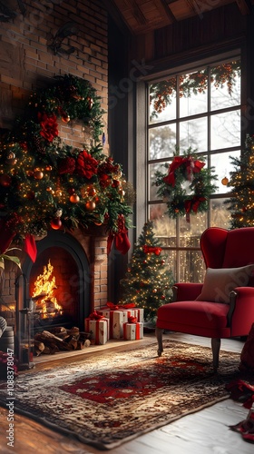 Cozy holiday living room decorated for Christmas with a roaring fire and festive ornaments.