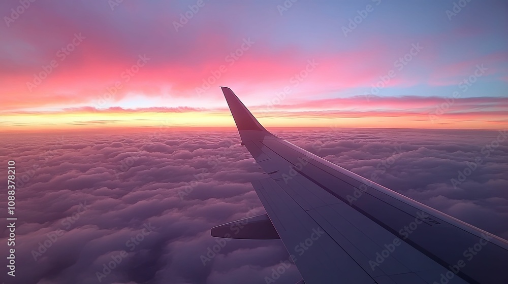 Airplane Wing Above Pink Sunset Cloudscape Airplane Wing Above Pink Sunset Cloudscape