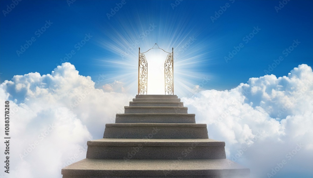 staircase and gate in heaven in the clouds, symbol of paradise staircase and gate in heaven in the clouds, symbol of paradise