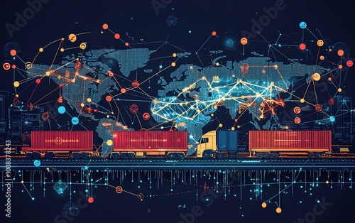 Conceptual illustration of international trade and supply chains, featuring interconnected global value chains between manufacturers, suppliers, and distributors across continents