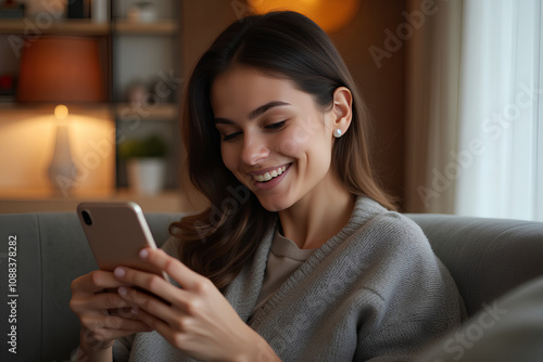 A smiling woman is sitting on the sofa with a phone in her hands.