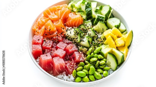 A colorful plate of Hawaiian poke bowl with cubes of fresh tuna, avocado, cucumber