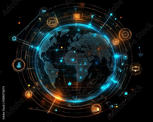 Digital diagram of global fintech innovation, displaying a holographic planet with interconnected financial icons and digital payment solutions photo