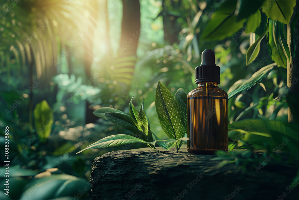 Bottle of essential oil amidst lush jungle green foliage Bottle of essential oil amidst lush jungle green foliage