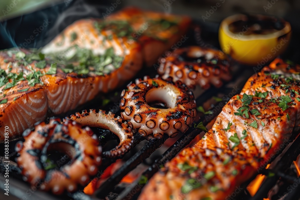 Grilled salmon and octopus garnished with herbs, sizzling on a barbecue, showcasing vibrant colors and delicious textures. Grilled salmon and octopus garnished with herbs, sizzling on a barbecue, showcasing vibrant colors and delicious textures.
