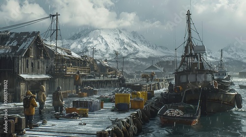 A serene winter harbor scene with fishing boats, snowy mountains, and wooden structures, showcasing a tranquil yet bustling coastal environment. photo