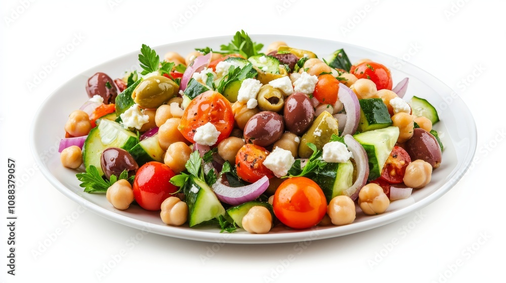 A colorful plate of Mediterranean chickpea salad with cherry tomatoes, cucumber, red onion A colorful plate of Mediterranean chickpea salad with cherry tomatoes, cucumber, red onion
