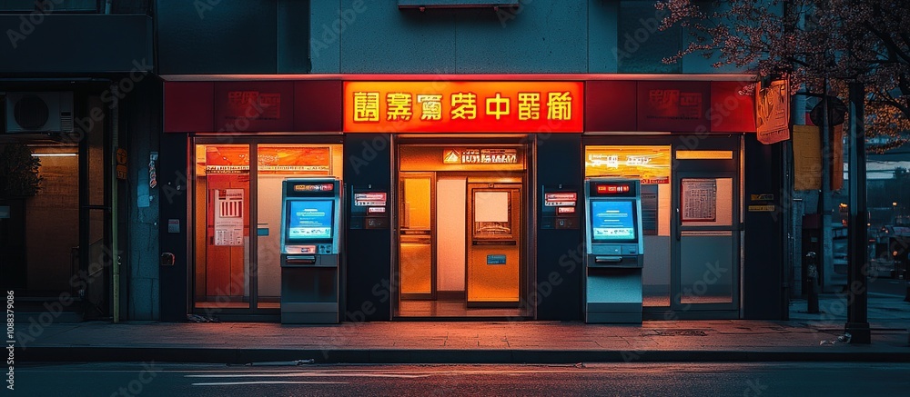 A brightly lit ATM facade at dusk, showcasing multiple machines and a welcoming atmosphere. A brightly lit ATM facade at dusk, showcasing multiple machines and a welcoming atmosphere.