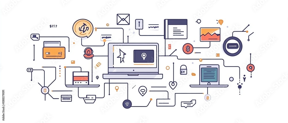 Fintech vector illustration with interconnected icons symbolizing digital banking, mobile payments, and online transactions in a modern style Fintech vector illustration with interconnected icons symbolizing digital banking, mobile payments, and online transactions in a modern style