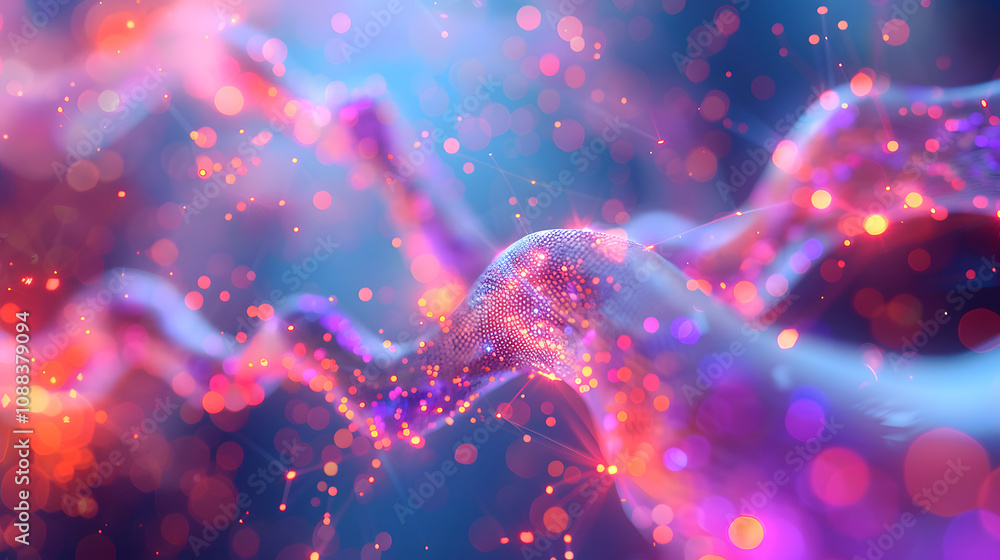 Neural network 3D illustration. Big data and cybersecurity. Data stream. Global database and artificial intelligence. Bright, colorful background with bokeh effect